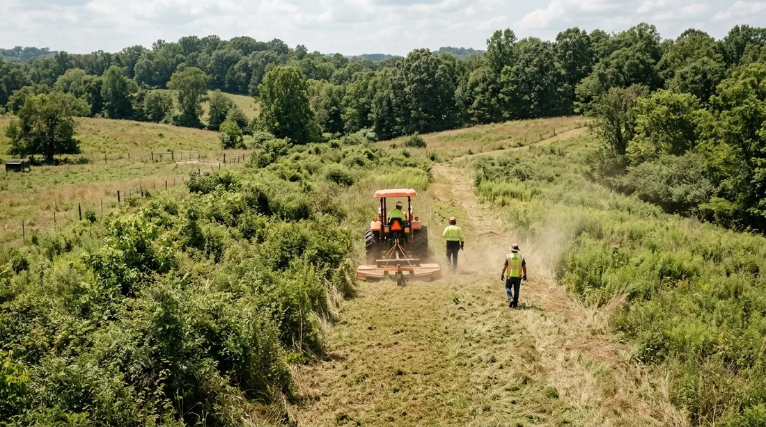 A small professional crew working on a bush hogging job at a property, seen from behind and at a — Clarksville, TN